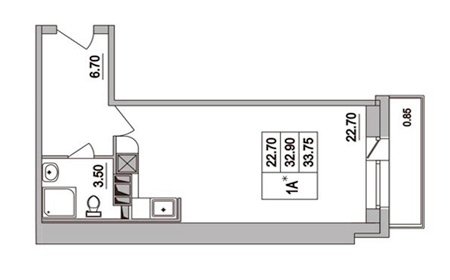 План-схема однокомнатной квартиры студии площадью 32,9 м2