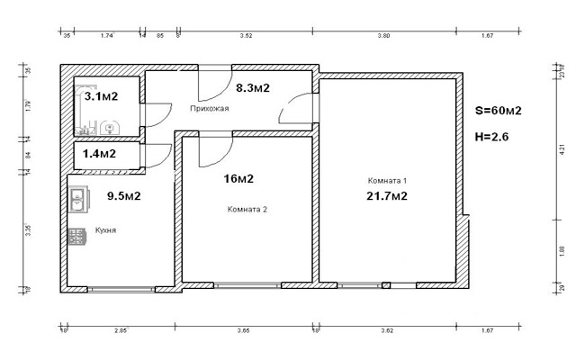 План-схема двухкомнатной квартиры площадью 60 м2